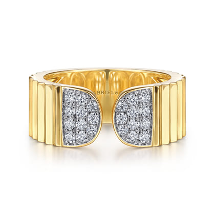 Diamond Cut - 14K Yellow Gold Open Ring with Diamond Pave End Caps and Diamond Cut Texture