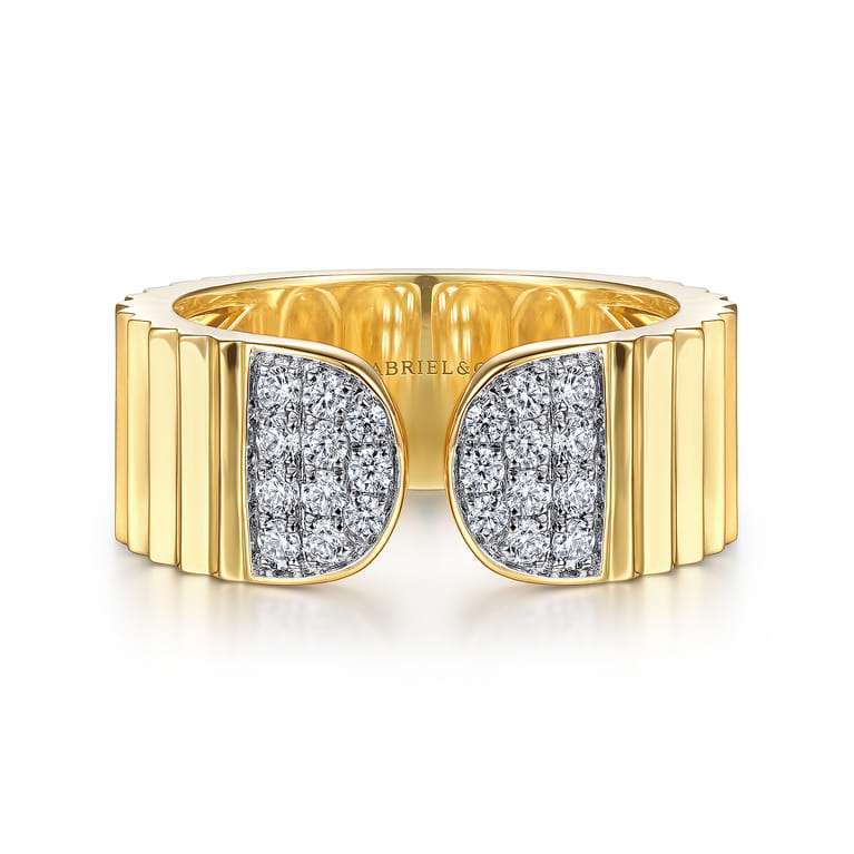 Diamond Cut - 14K Yellow Gold Open Ring with Diamond Pave End Caps and Diamond Cut Texture - 0.3 ct - Shot 1