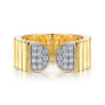 Diamond Cut - 14K Yellow Gold Open Ring with Diamond Pave End Caps and Diamond Cut Texture - 0.3 ct