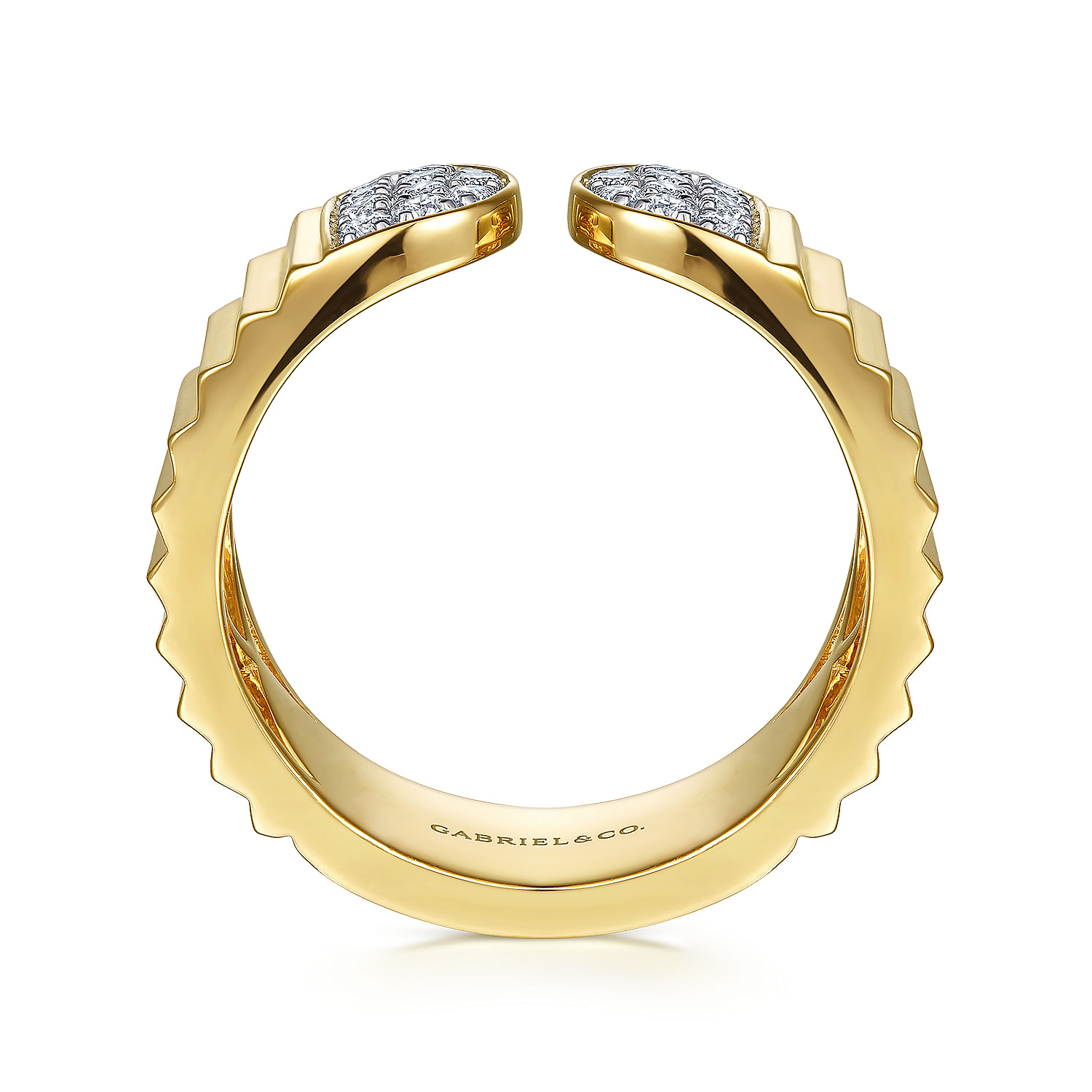 Diamond Cut - 14K Yellow Gold Open Ring with Diamond Pave End Caps and Diamond Cut Texture - 0.3 ct - Shot 2