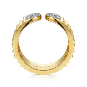Diamond Cut - 14K Yellow Gold Open Ring with Diamond Pave End Caps and Diamond Cut Texture