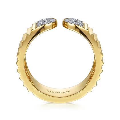 Diamond Cut - 14K Yellow Gold Open Ring with Diamond Pave End Caps and Diamond Cut Texture