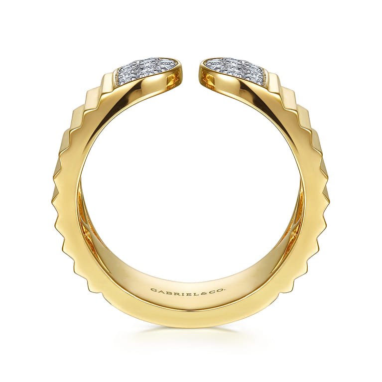 Diamond Cut - 14K Yellow Gold Open Ring with Diamond Pave End Caps and Diamond Cut Texture - 0.3 ct - Shot 2