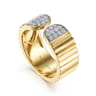 Diamond Cut - 14K Yellow Gold Open Ring with Diamond Pave End Caps and Diamond Cut Texture - 0.3 ct