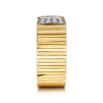 Diamond Cut - 14K Yellow Gold Open Ring with Diamond Pave End Caps and Diamond Cut Texture