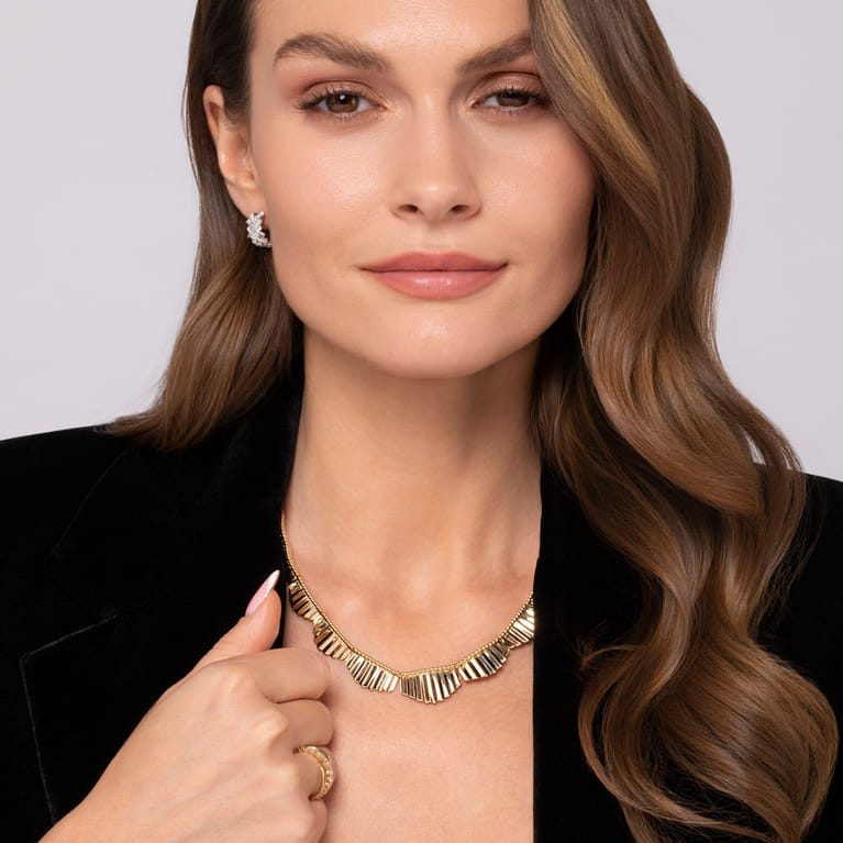 Diamond Cut - 14K Yellow Gold Textured Bib Necklace - Shot 3