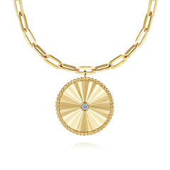 Diamond Cut - 18 inch 14K Yellow Gold Textured Diamond Medallion Hollow Chain Necklace