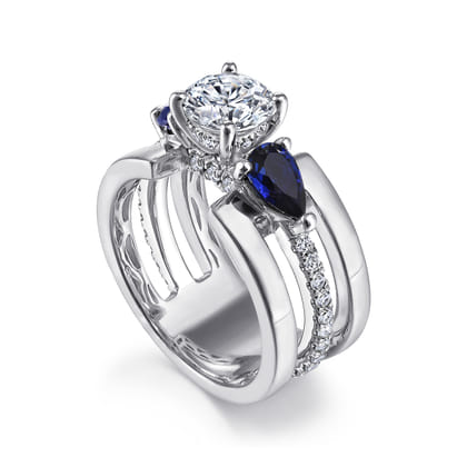 Divinity - 14K White Gold Round 3 Stone Sapphire and Diamond Engagement Ring