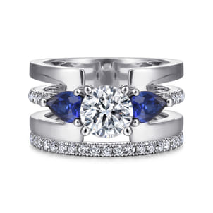 Divinity - 14K White Gold Round 3 Stone Sapphire and Diamond Engagement Ring