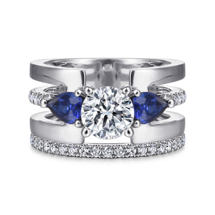 Divinity - 14K White Gold Round 3 Stone Sapphire and Diamond Engagement Ring