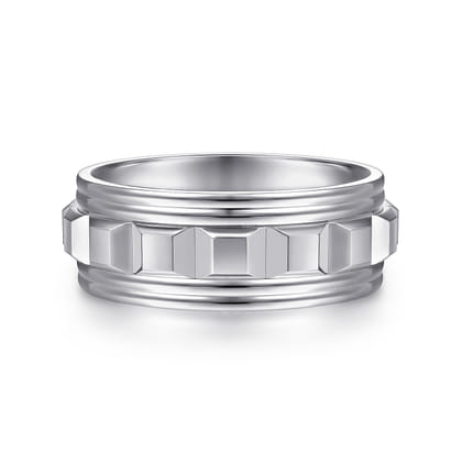 Dominick - 14K White Gold 8mm - Diamond Cut Inner Channel Rounded Edge Men's Wedding Band in High Polished Finish