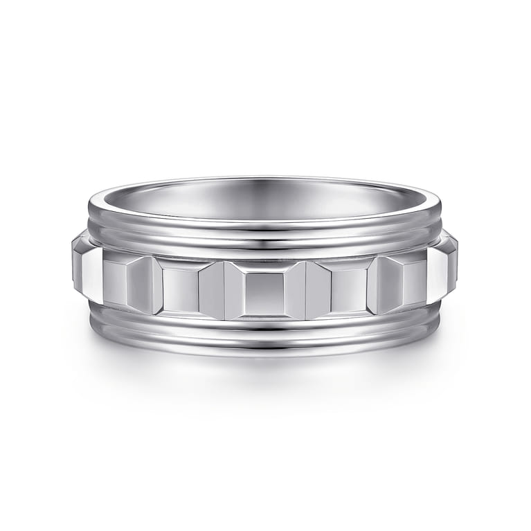 Dominick - 14K White Gold 8mm - Diamond Cut Inner Channel Rounded Edge Men's Wedding Band in High Polished Finish - Shot 1