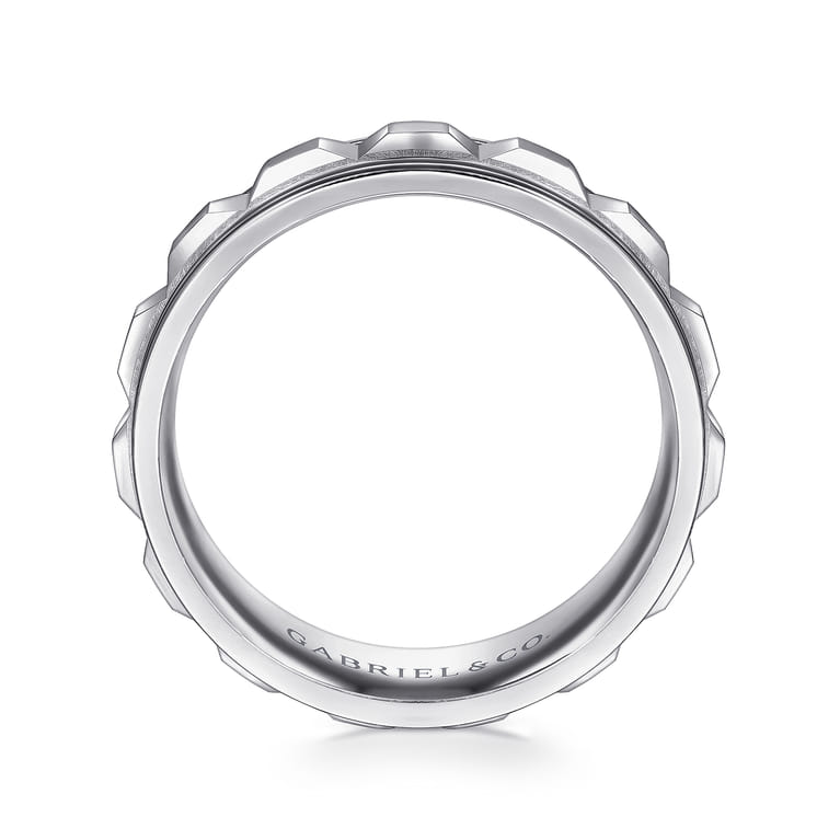 Dominick - 14K White Gold 8mm - Diamond Cut Inner Channel Rounded Edge Men's Wedding Band in High Polished Finish - Shot 2