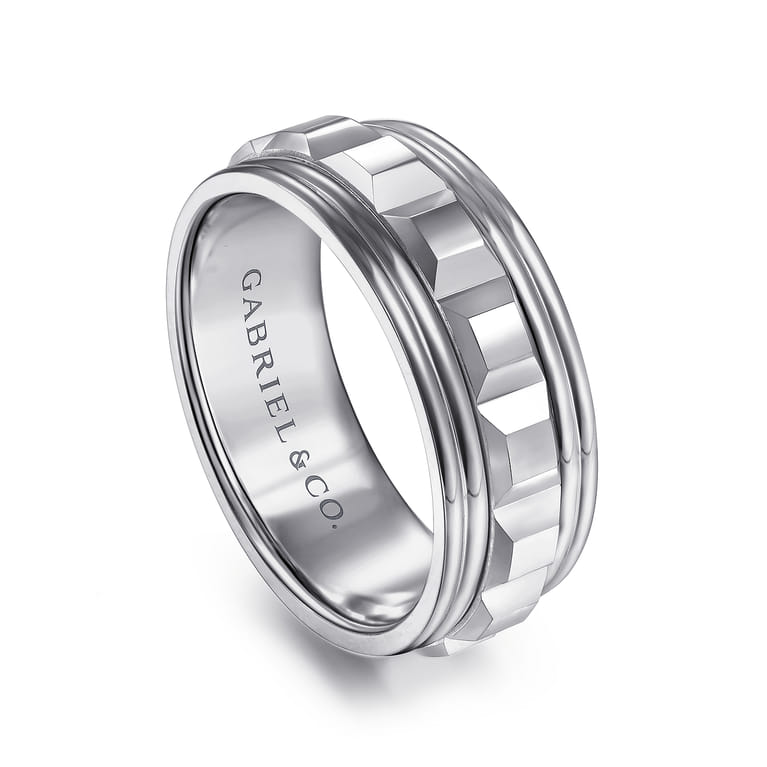 Dominick - 14K White Gold 8mm - Diamond Cut Inner Channel Rounded Edge Men's Wedding Band in High Polished Finish - Shot 3