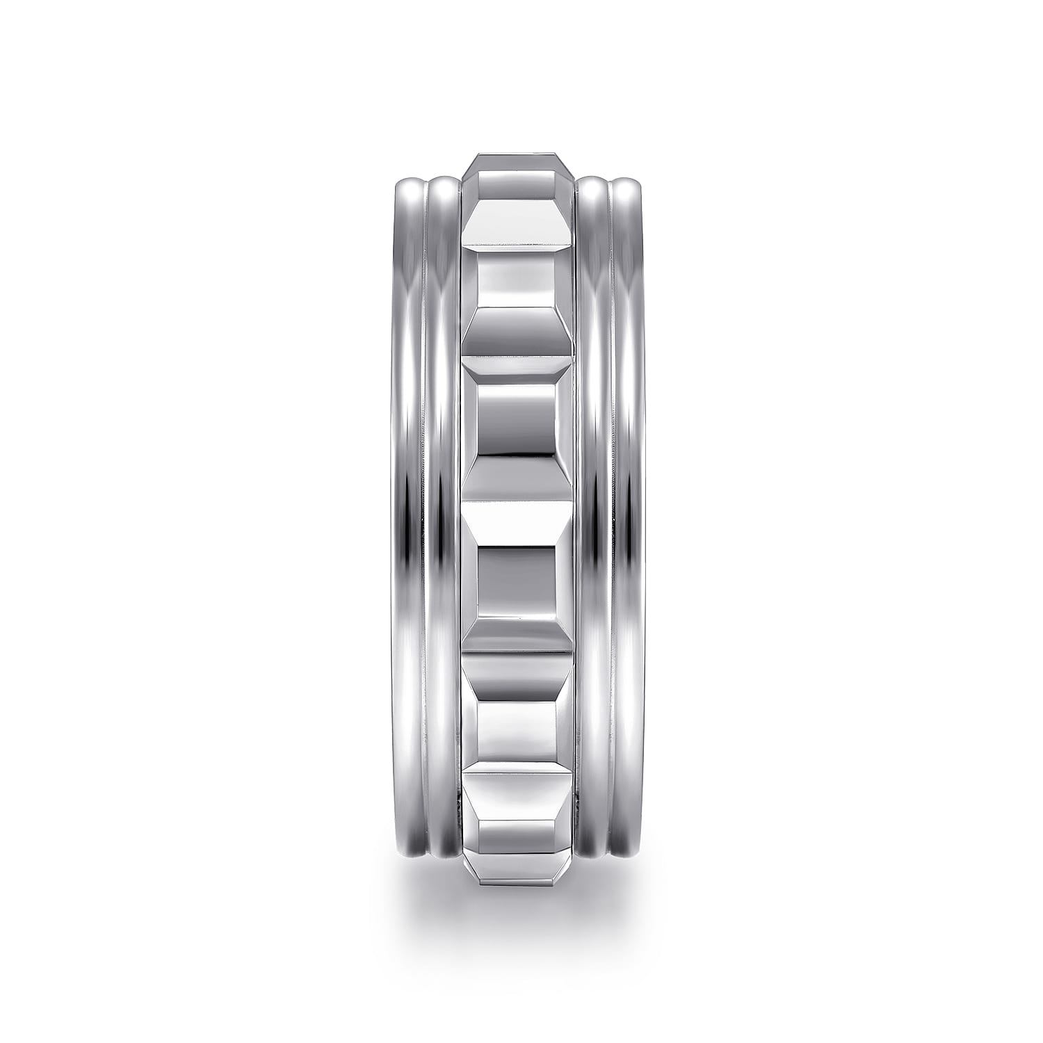 Dominick - 14K White Gold 8mm - Diamond Cut Inner Channel Rounded Edge Men's Wedding Band in High Polished Finish - Shot 4