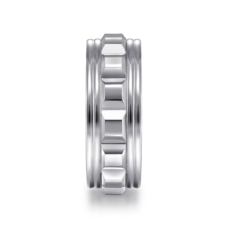 Dominick - 14K White Gold 8mm - Diamond Cut Inner Channel Rounded Edge Men's Wedding Band in High Polished Finish