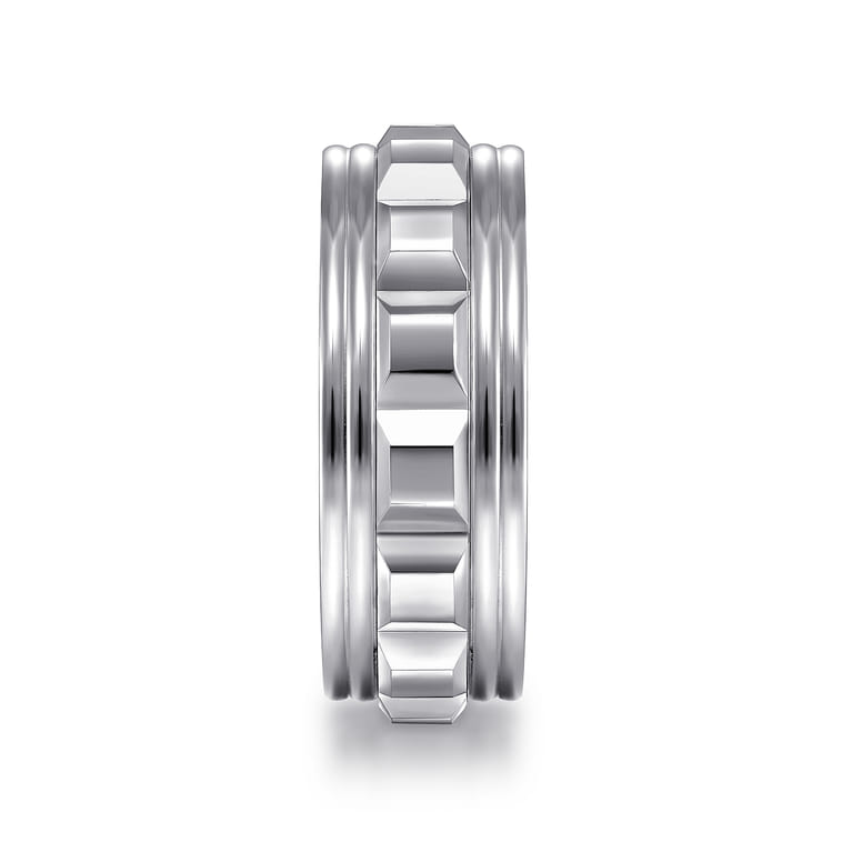 Dominick - 14K White Gold 8mm - Diamond Cut Inner Channel Rounded Edge Men's Wedding Band in High Polished Finish - Shot 4