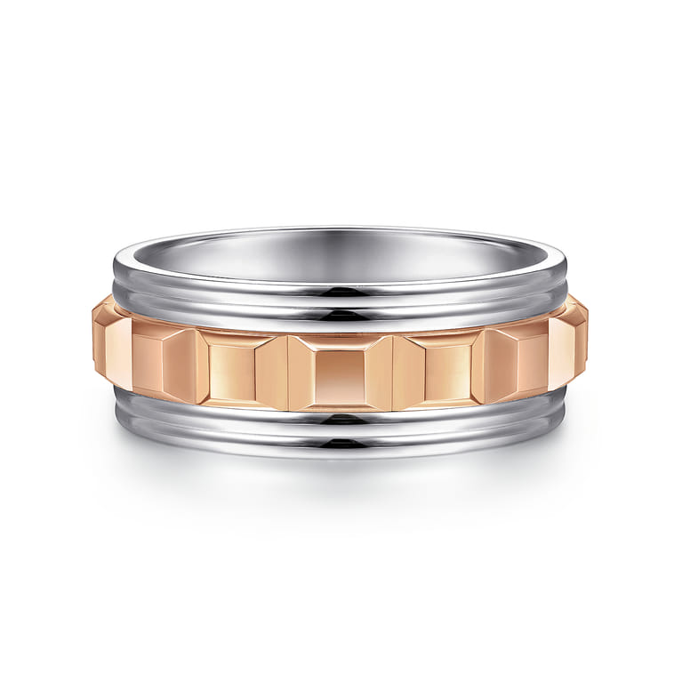 Dominick - 14K White-Rose Gold 8mm - Grommet Inlay Men's Two Tone Wedding Band - Shot 1