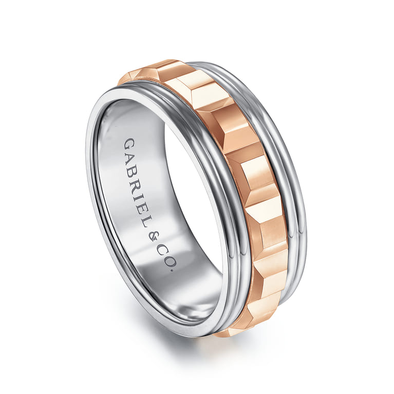 Dominick - 14K White-Rose Gold 8mm - Grommet Inlay Men's Two Tone Wedding Band - Shot 3