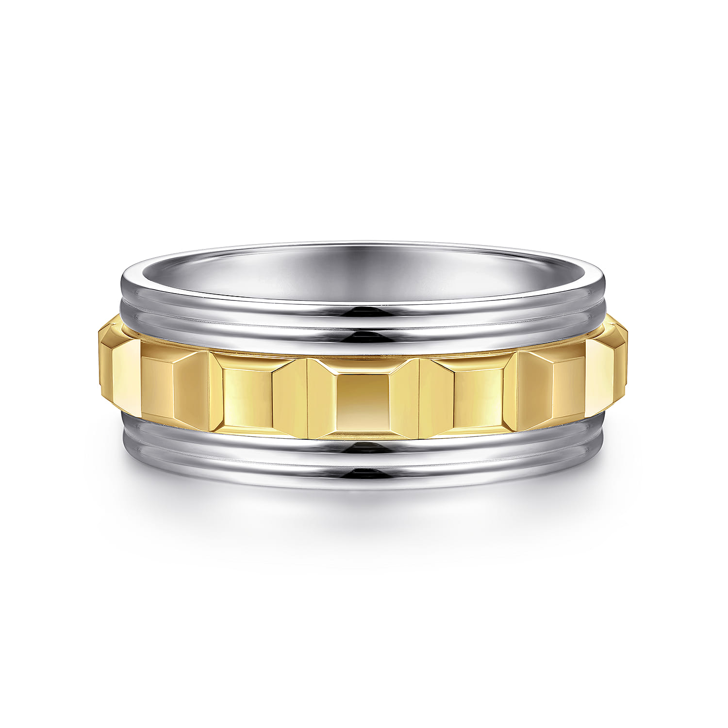 Dominick - 14K White-Yellow Gold 8mm - Grommet Inlay Men's Two Tone Wedding Band - Shot 1