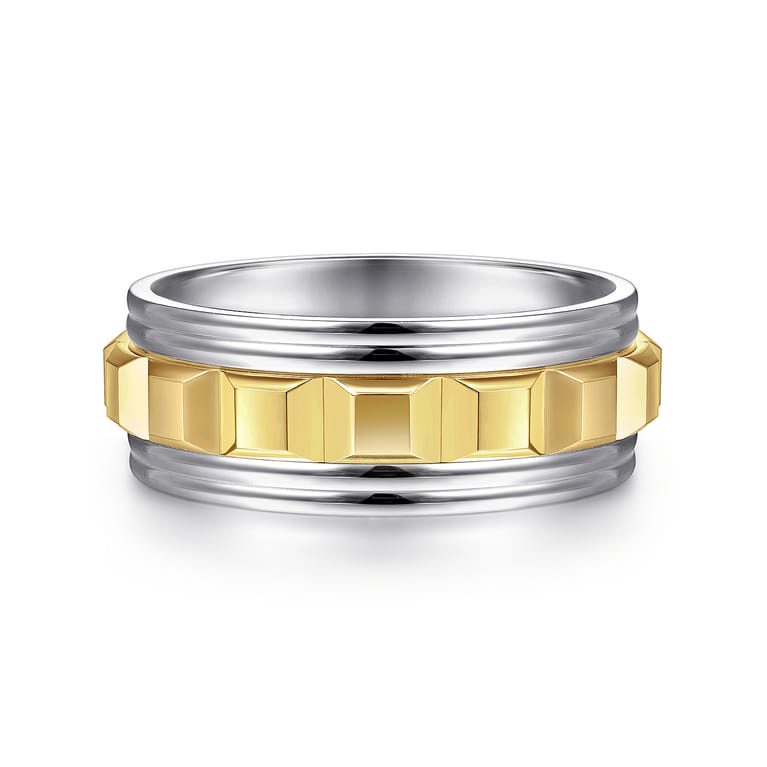 Dominick - 14K White-Yellow Gold 8mm - Grommet Inlay Men's Two Tone Wedding Band - Shot 1