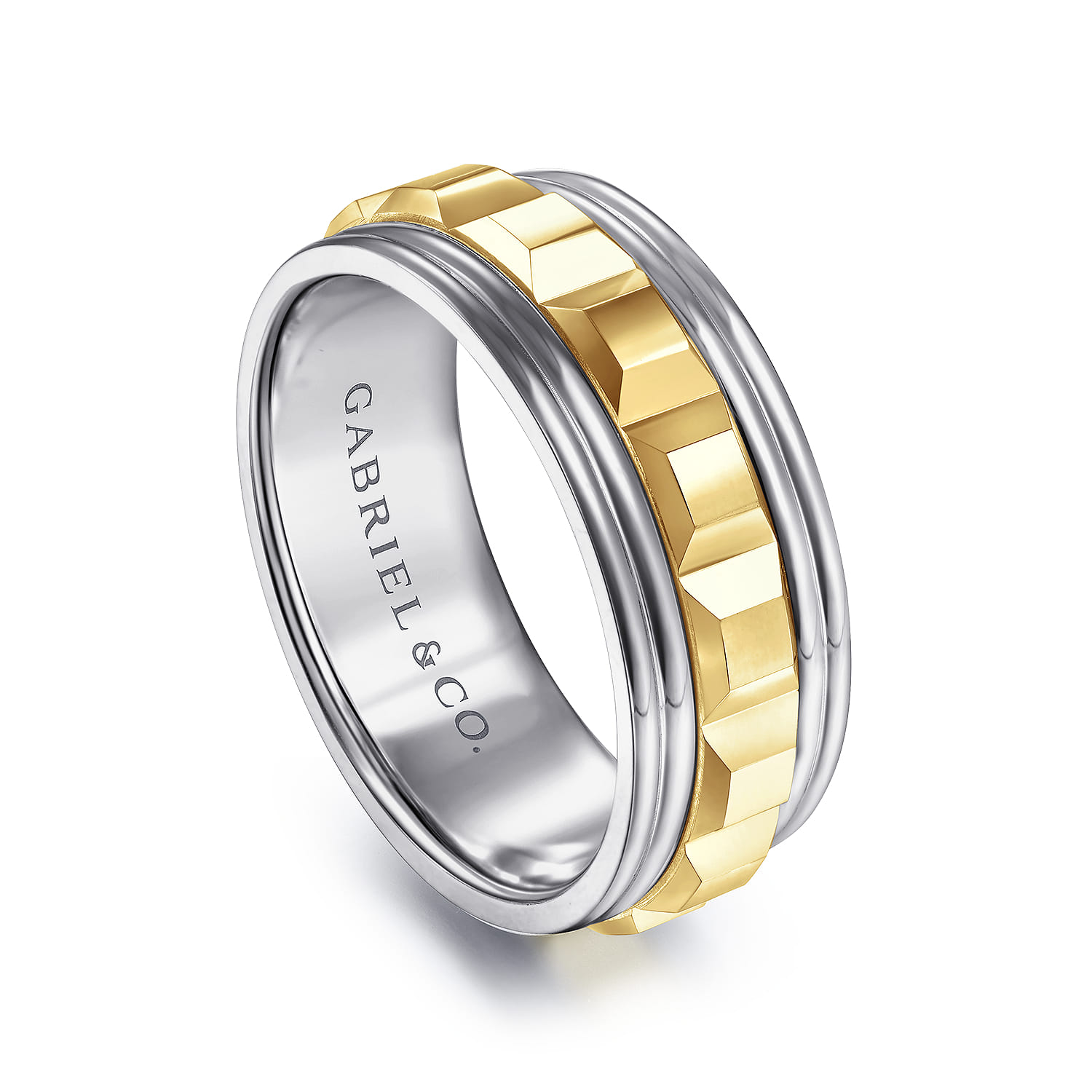 Dominick - 14K White-Yellow Gold 8mm - Grommet Inlay Men's Two Tone Wedding Band - Shot 3