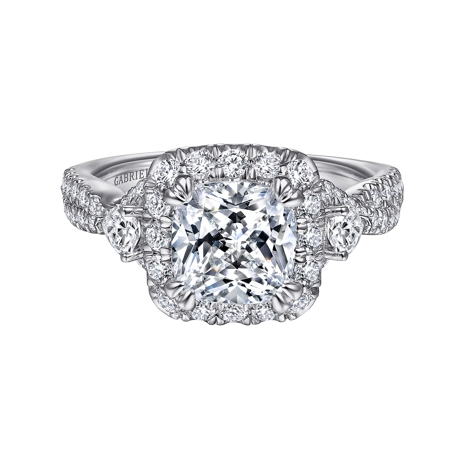 Draymond - 14K White Gold Cushion Three Stone Halo Diamond Engagement Ring