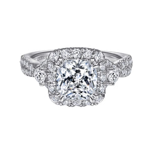 Draymond - 14K White Gold Cushion Three Stone Halo Diamond Engagement Ring