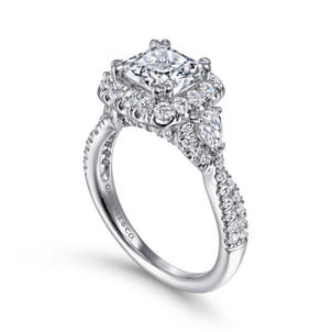 Draymond - 14K White Gold Cushion Three Stone Halo Diamond Engagement Ring