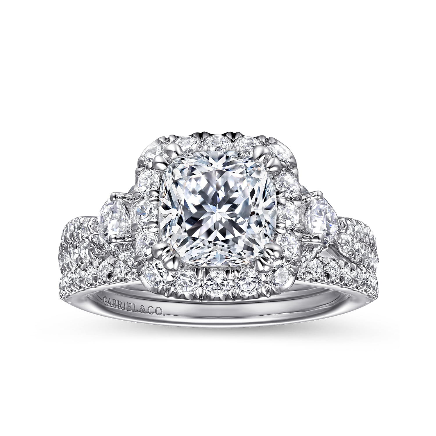 Draymond - 14K White Gold Cushion Three Stone Halo Diamond Engagement Ring