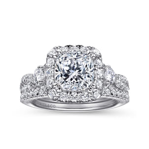 Draymond - 14K White Gold Cushion Three Stone Halo Diamond Engagement Ring