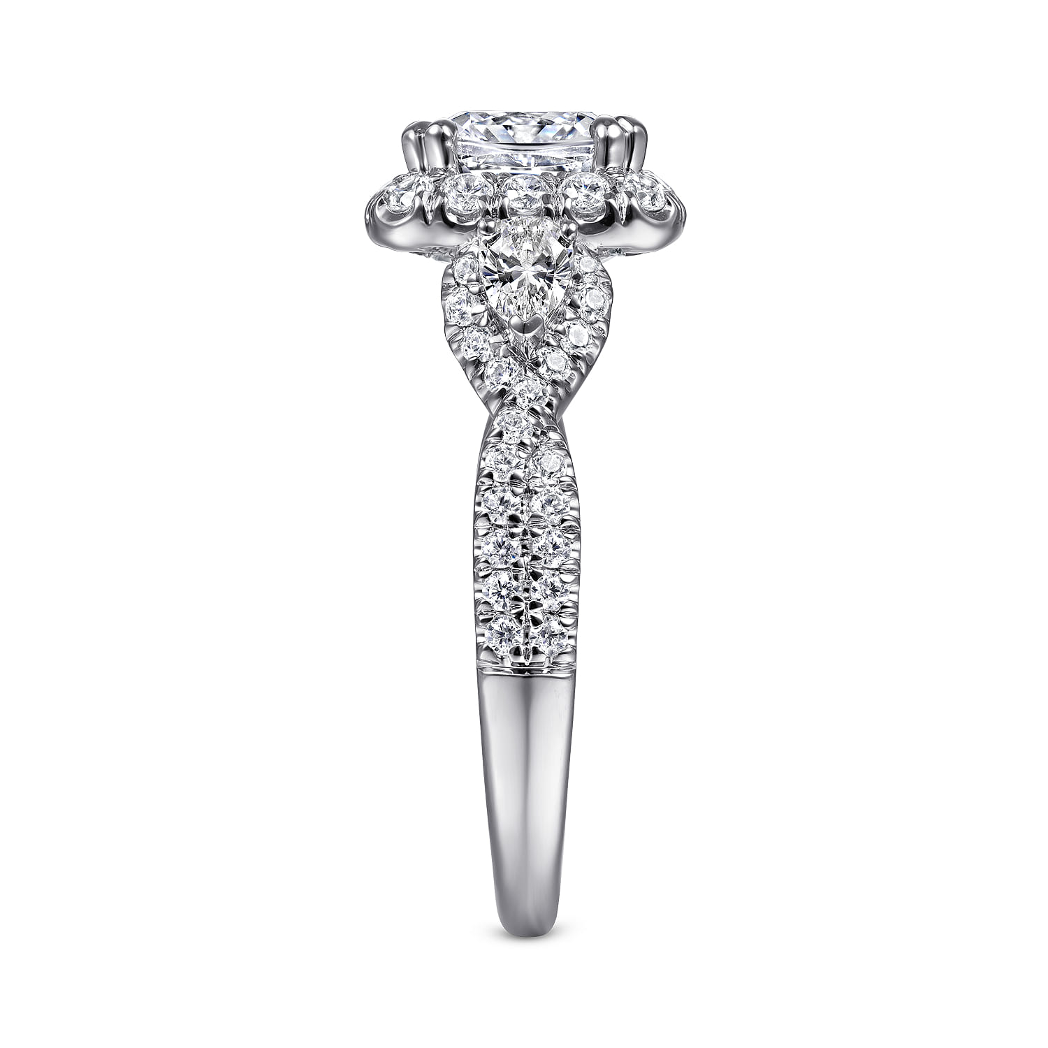 Draymond - 14K White Gold Cushion Three Stone Halo Diamond Engagement Ring