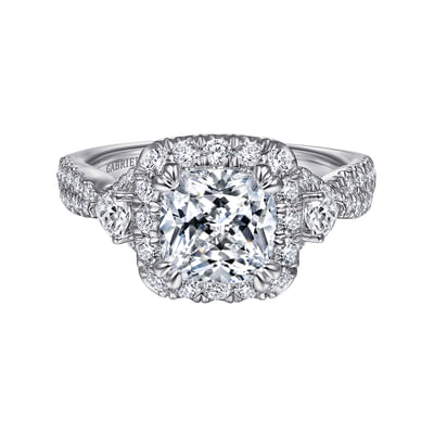 Draymond - Art Deco 14K White Gold Cushion Three Stone Halo Diamond Engagement Ring
