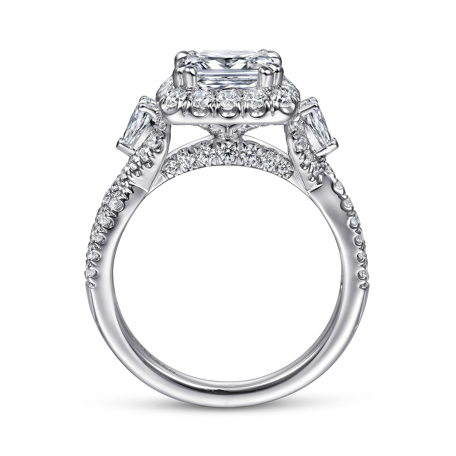 Draymond - Art Deco 14K White Gold Cushion Three Stone Halo Diamond Engagement Ring