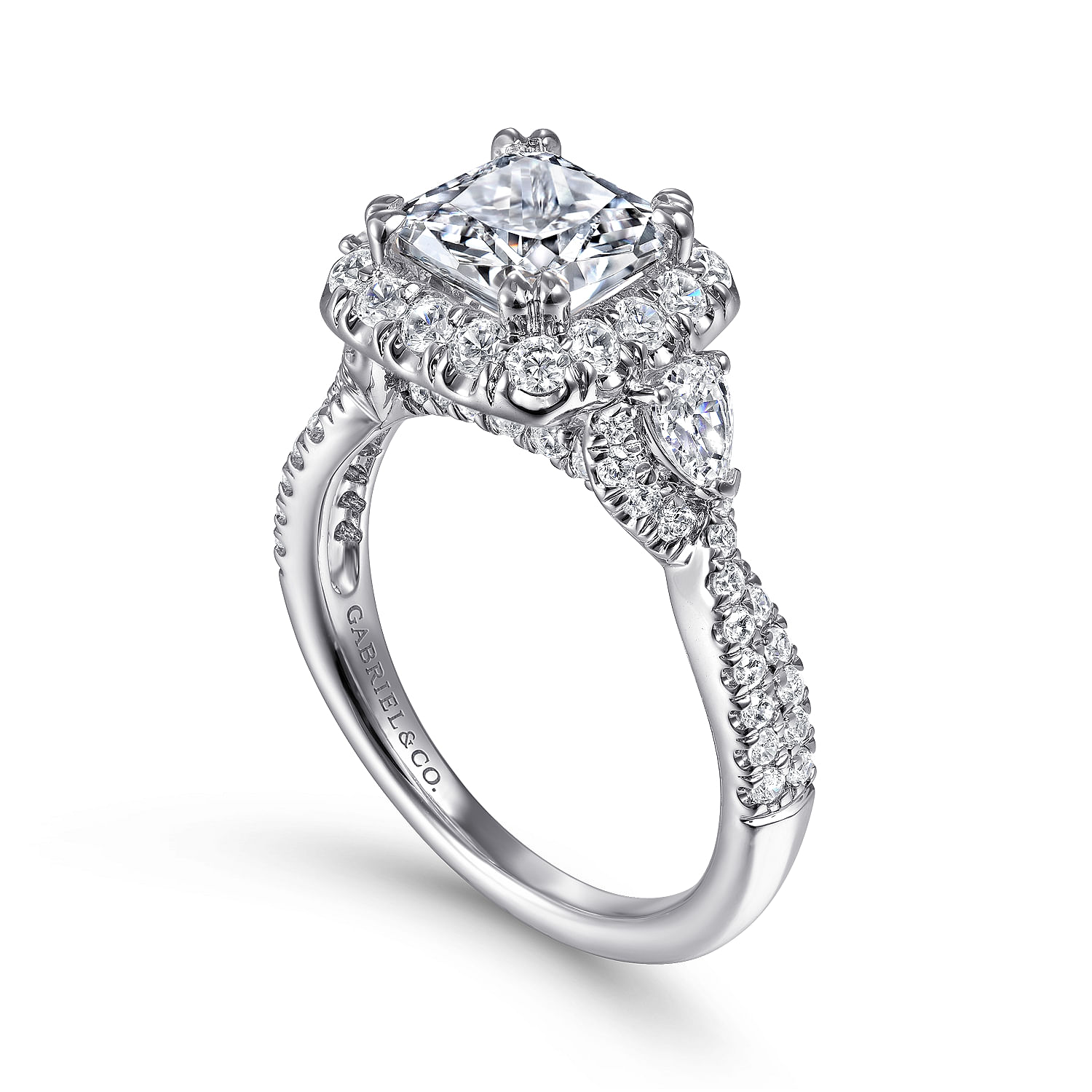 Draymond - Art Deco 14K White Gold Cushion Three Stone Halo Diamond Engagement Ring