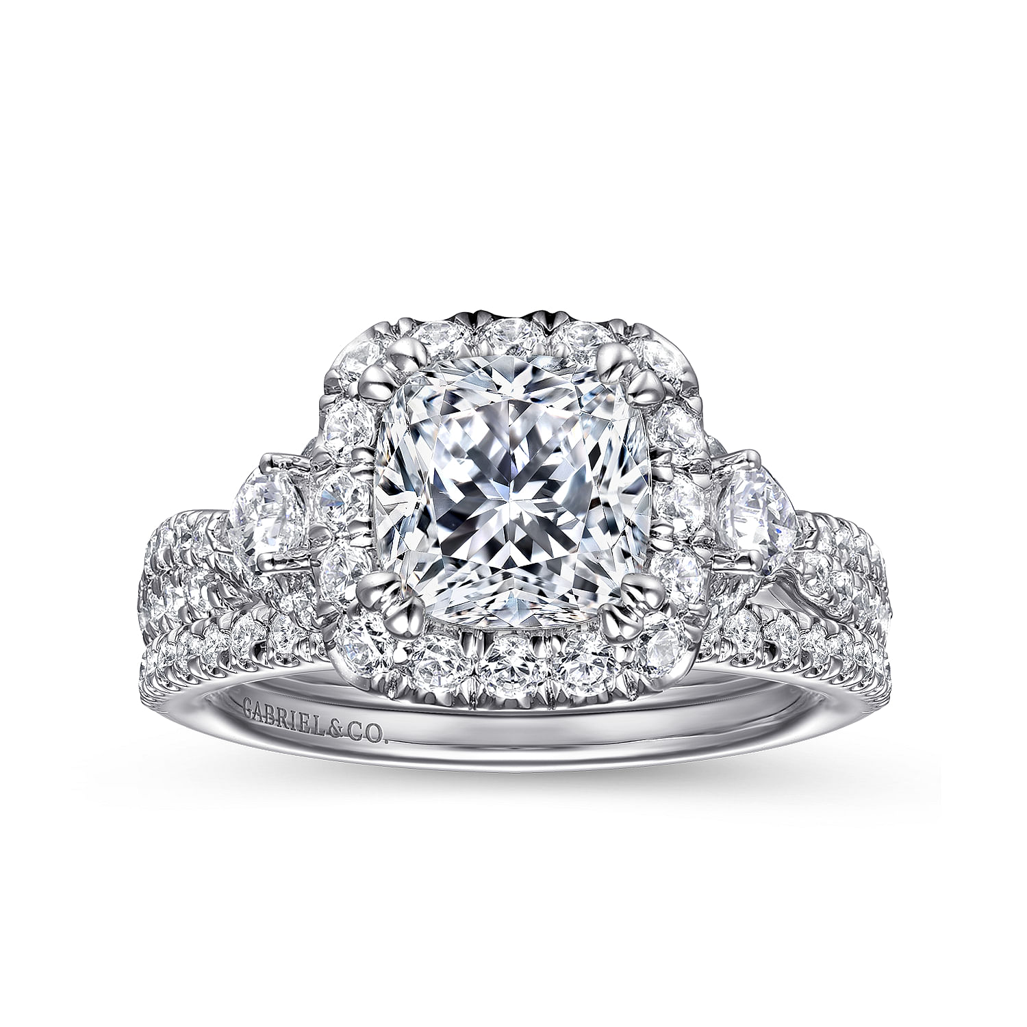 Draymond - Art Deco 14K White Gold Cushion Three Stone Halo Diamond Engagement Ring