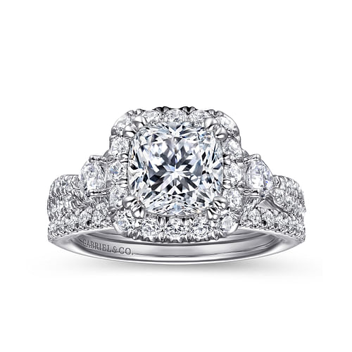 Draymond - Art Deco 14K White Gold Cushion Three Stone Halo Diamond Engagement Ring - 1.03 ct - Shot 4