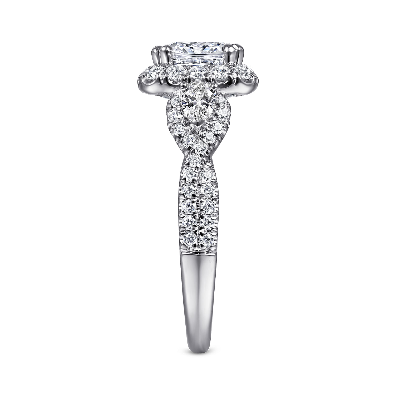 Draymond - Art Deco 14K White Gold Cushion Three Stone Halo Diamond Engagement Ring