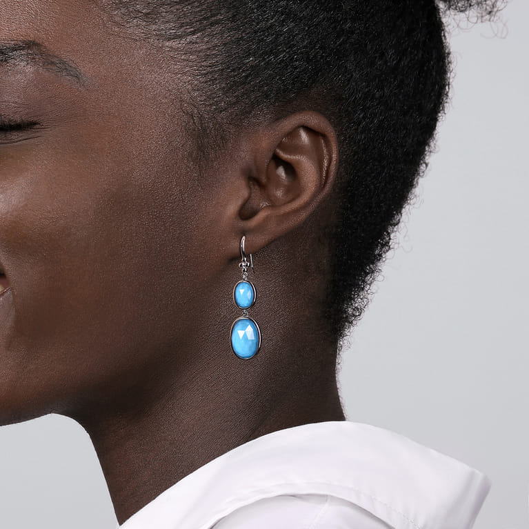 Drop Earrings 925 Sterling Silver Rock Crystal and Turquoise - Shot 2