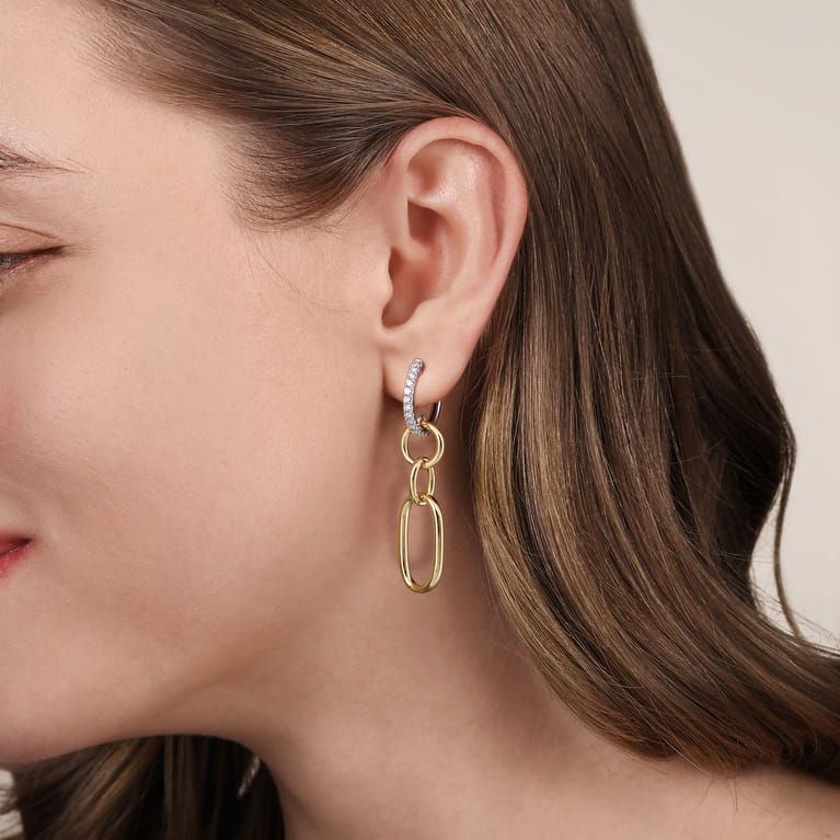 Drop Earrings Huggie 14K White and Yellow Gold Diamond 0.35ct - 0.35 ct - Shot 2