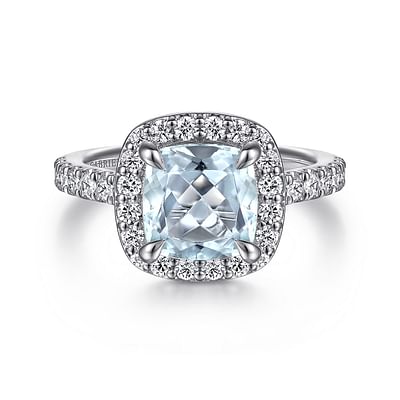 Dua - 14K White Gold Cushion Halo Round Aquamarine and Diamond Engagement Ring