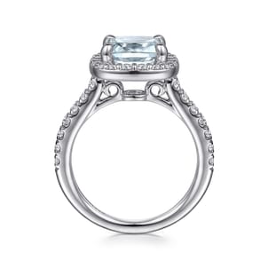 Dua - 14K White Gold Cushion Halo Round Aquamarine and Diamond Engagement Ring