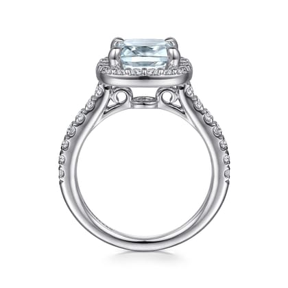 Dua - 14K White Gold Cushion Halo Round Aquamarine and Diamond Engagement Ring