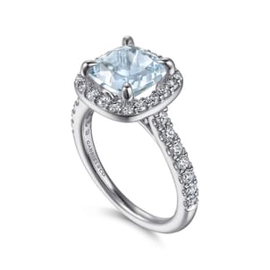 Dua - 14K White Gold Cushion Halo Round Aquamarine and Diamond Engagement Ring