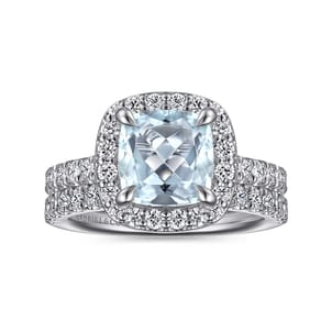 Dua - 14K White Gold Cushion Halo Round Aquamarine and Diamond Engagement Ring