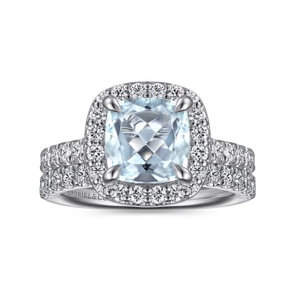 Dua - 14K White Gold Cushion Halo Round Aquamarine and Diamond Engagement Ring