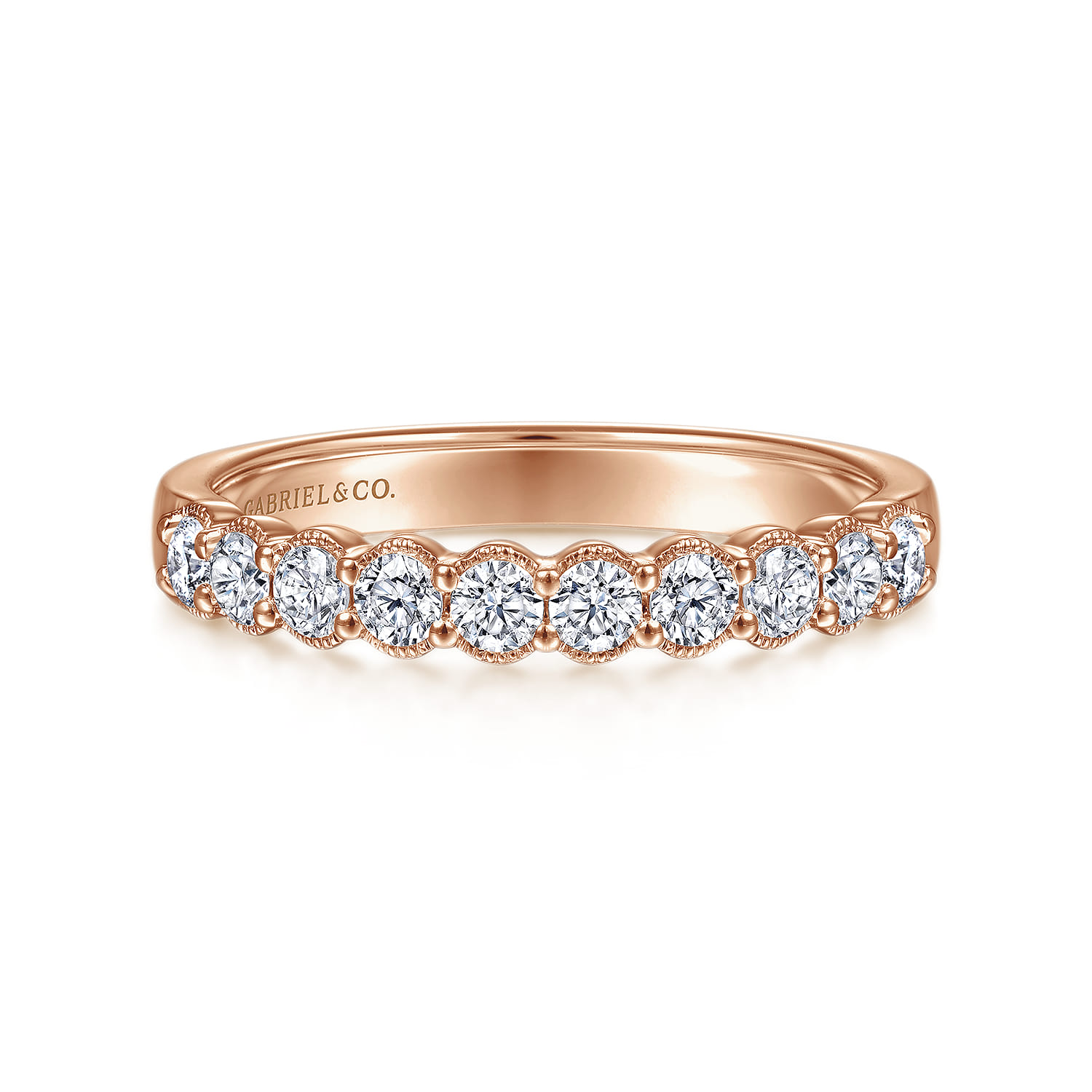 Straight Wedding Ring in 14k Rose Gold with Round Natural Diamond at Gabriel & Co. - Shot 1