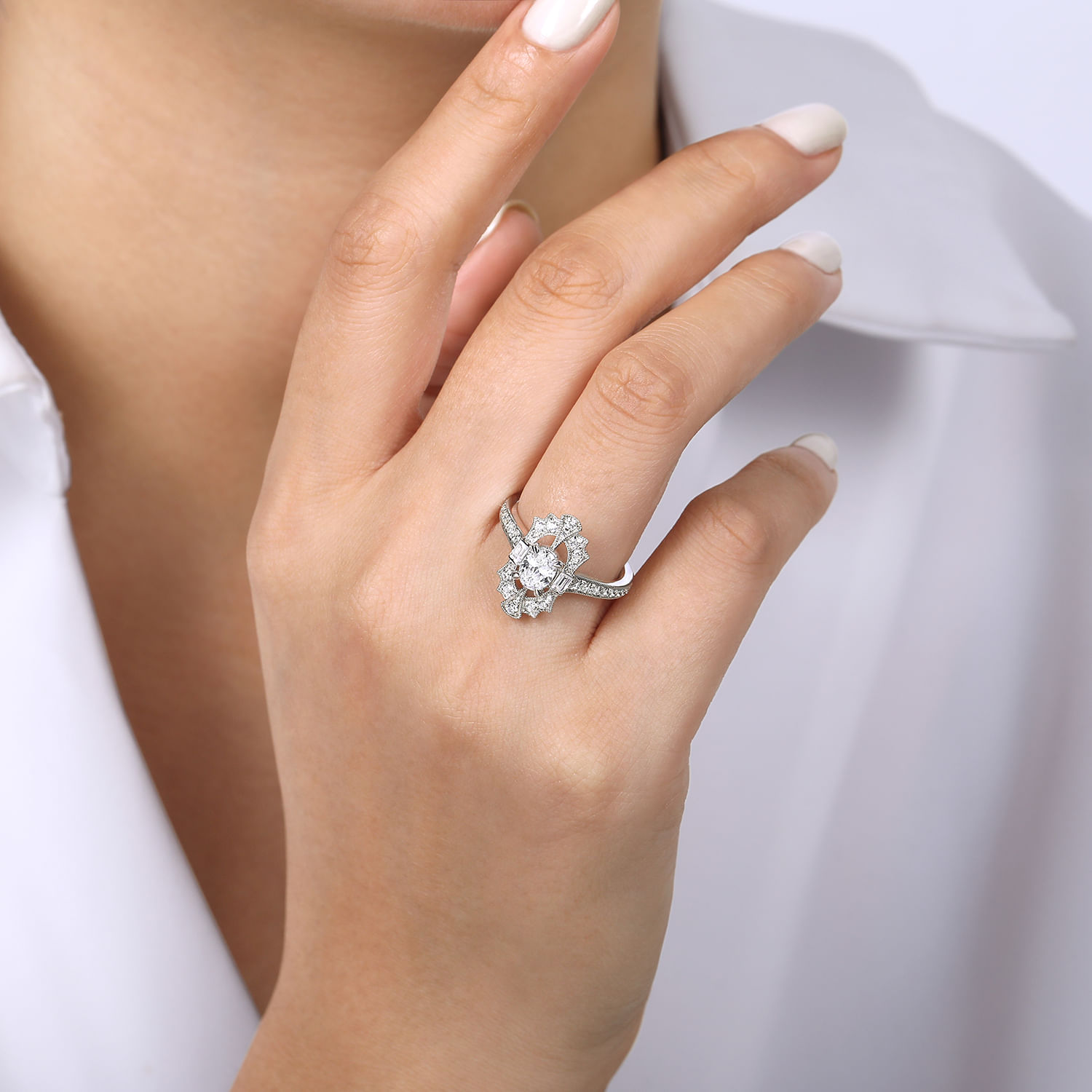 Duchess - 14K White Gold Oval Halo Diamond Channel Set Engagement Ring