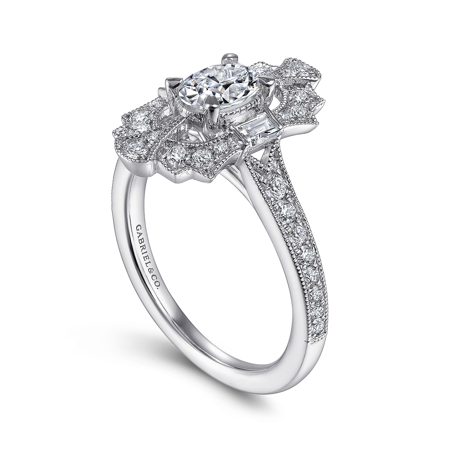 Duchess - Art Deco 14K White Gold Oval Halo Diamond Channel Set Engagement Ring