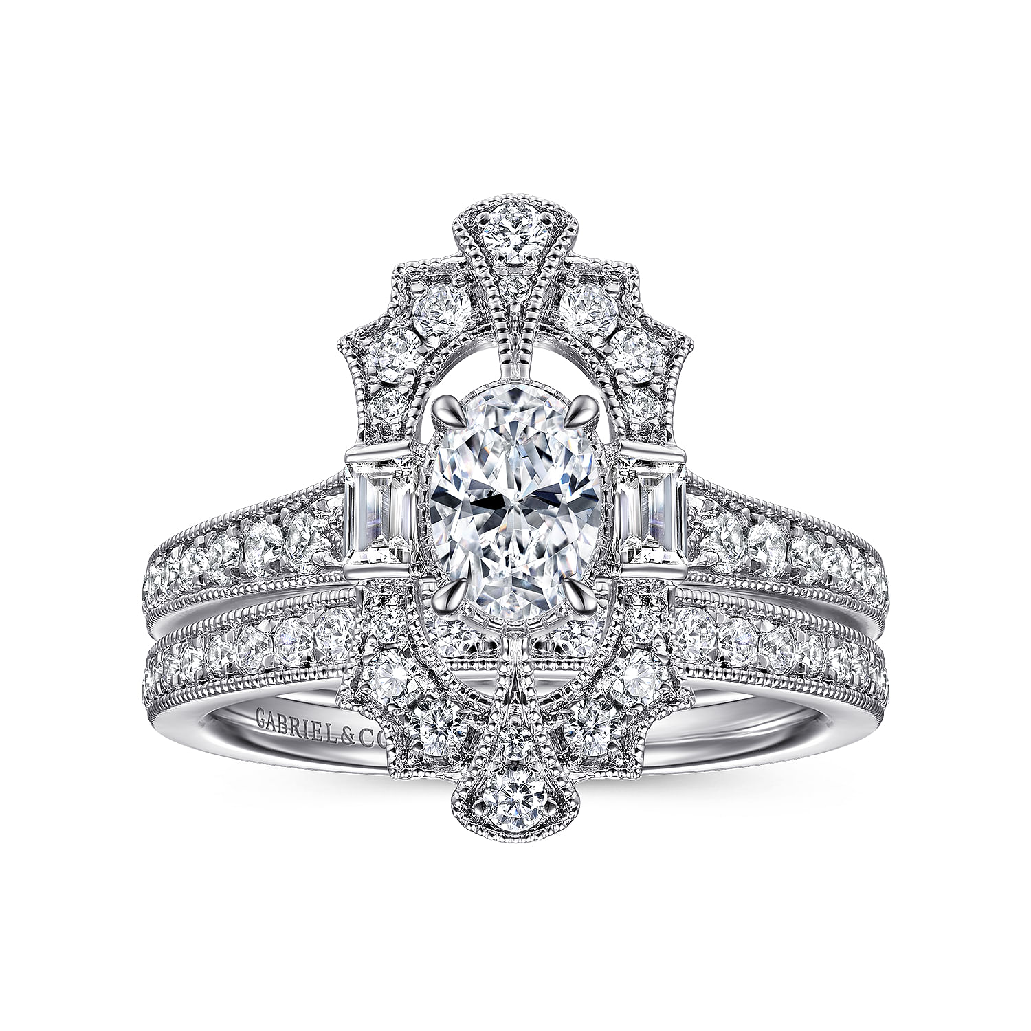 Duchess - Art Deco 14K White Gold Oval Halo Diamond Channel Set Engagement Ring